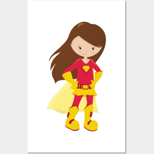 Superhero Girl, Cute Girl, Brown Hair, Red Costume Posters and Art